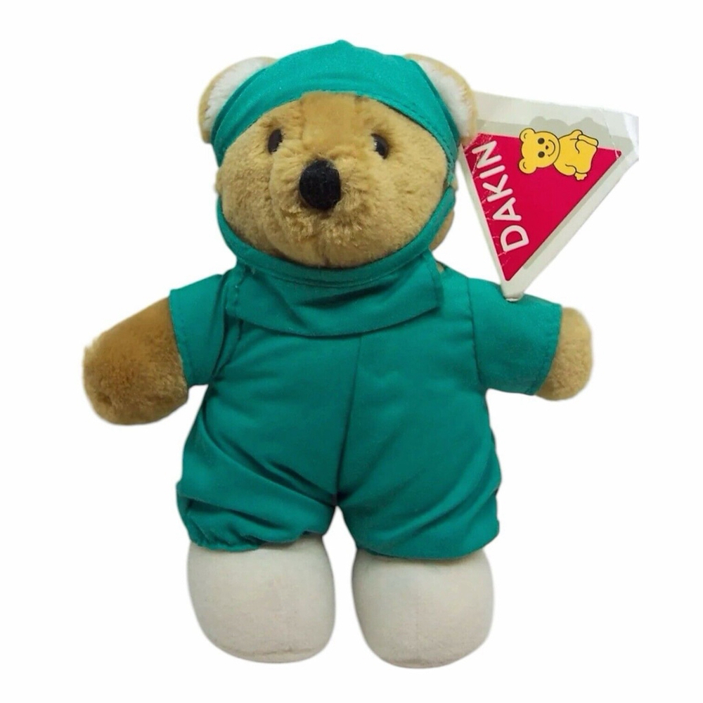 Vintage Dakin Dr Teddy Bear MD Doctor Surgeon Plush 7" Green Scrubs Tags 1985